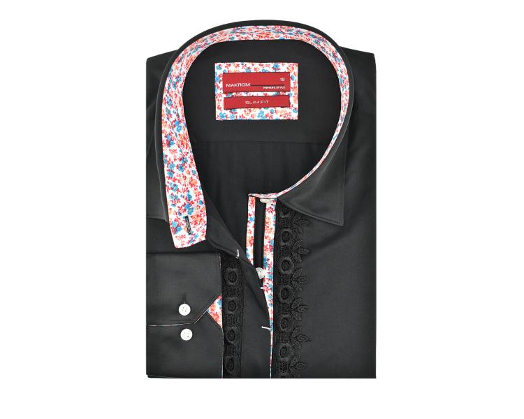 LL 3120-1 Women's black floral trim shirt with laces Women's shirts