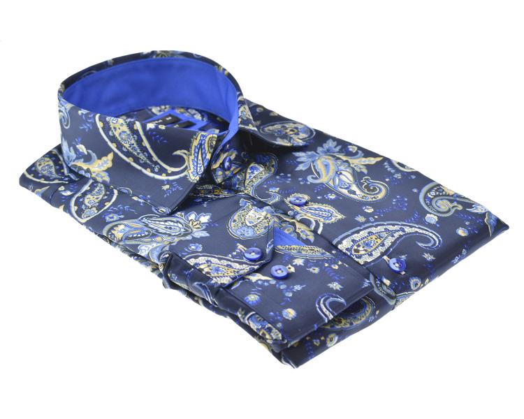 SL 5483 Men's navy satin paisley patterned long sleeved shirt Men's shirts