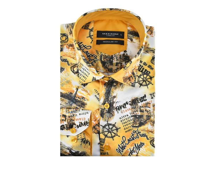SL 5968 Men's yellow "sea print" satin long sleeved shirt Men's shirts