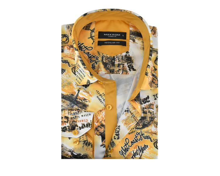 SL 5968 Men's yellow "sea print" satin long sleeved shirt Men's shirts
