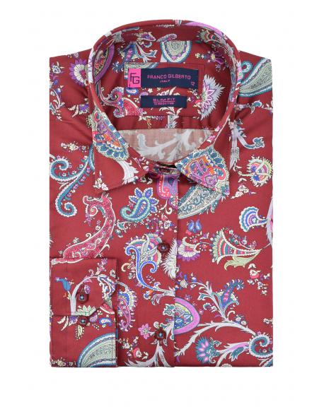 LL 3229 Women's red paisley design print cotton shirt
