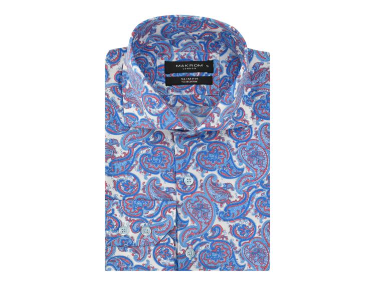 SL 5581 Men's blue paisley print extreme high cutaway collar cotton shirt Men's shirts