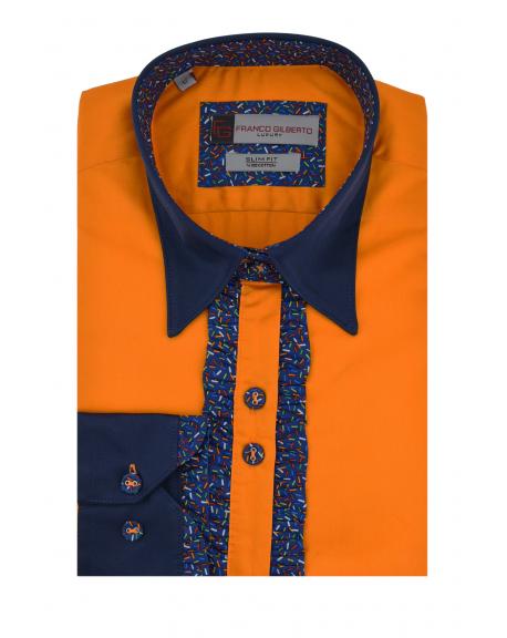 LL 3215 Women's Orange & Blue Cotton Shirt With Frill Detail And Pointed Collar