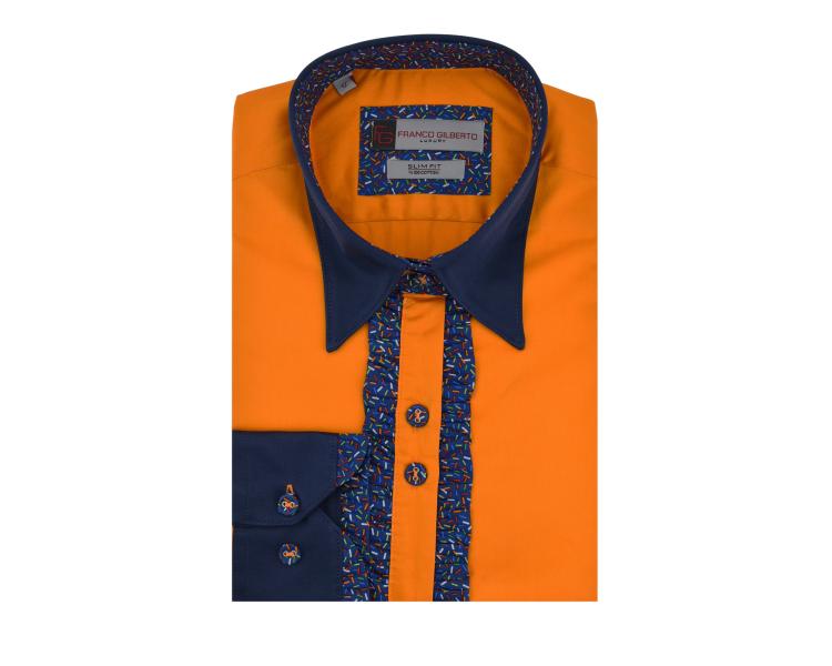 LL 3215 Women's Orange & Blue Cotton Shirt With Frill Detail And Pointed Collar Women's shirts