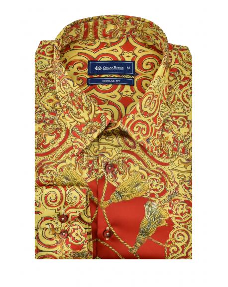 SL 5921 Men's Regular Fit red Baroque print satin shirt