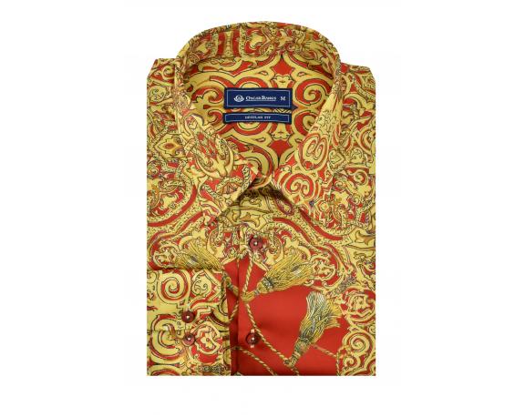 SL 5921 Bedrucktes langärmliges rot satinhemd "Baroque" Hemden für Herren
