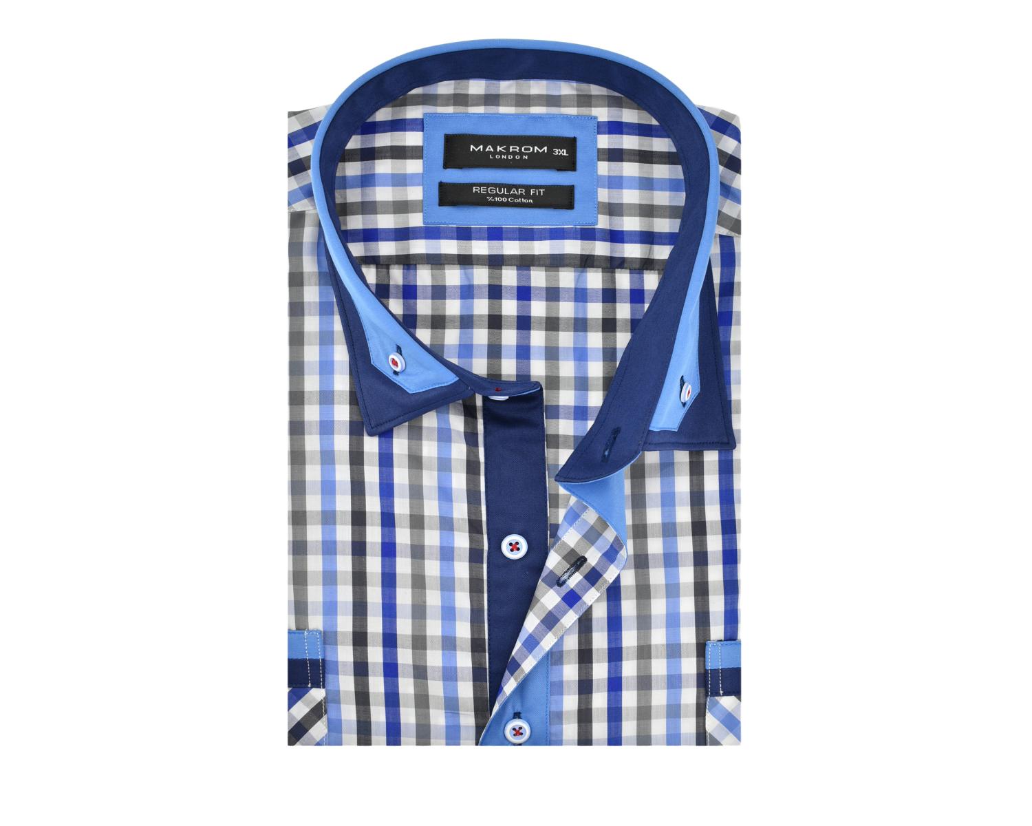 SS 6042 Men's blue & white checked double collar short sleeved shirt ...