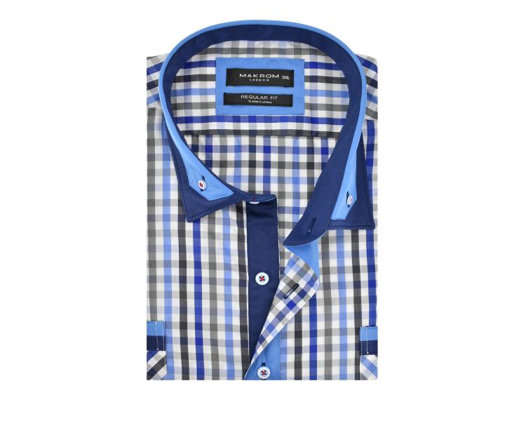 SS 6042 Men's blue & white checked double collar short sleeved shirt Men's shirts