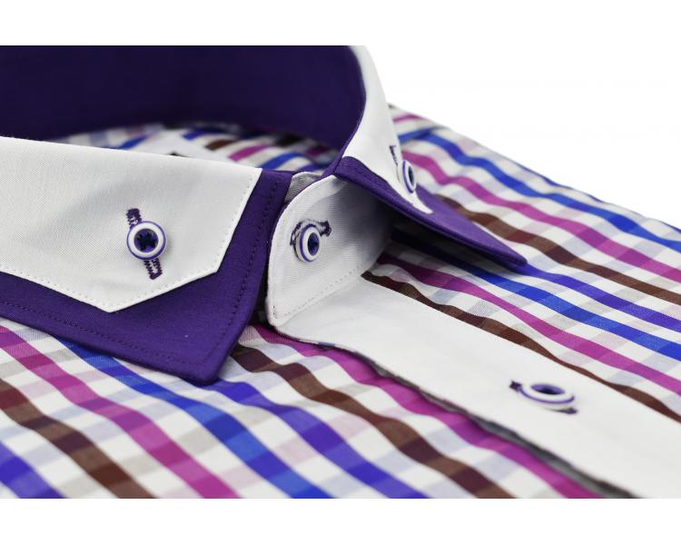 SS 6042 Men's purple & blue checked double collar short sleeved shirt Men's shirts