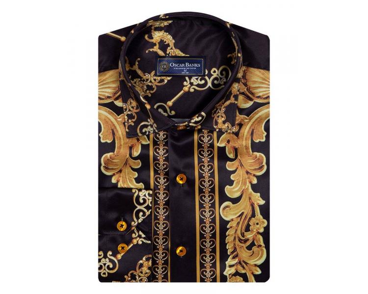 SL 6940 Men's black & gold print long sleeved satin shirt Men's shirts