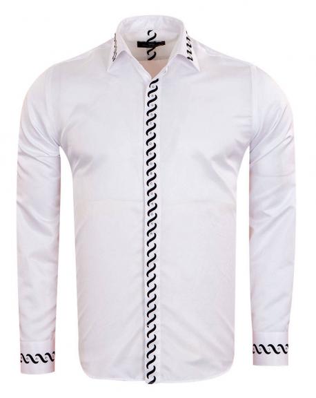 SL 6901 Men's white & black ornament print long sleeved shirt with stones