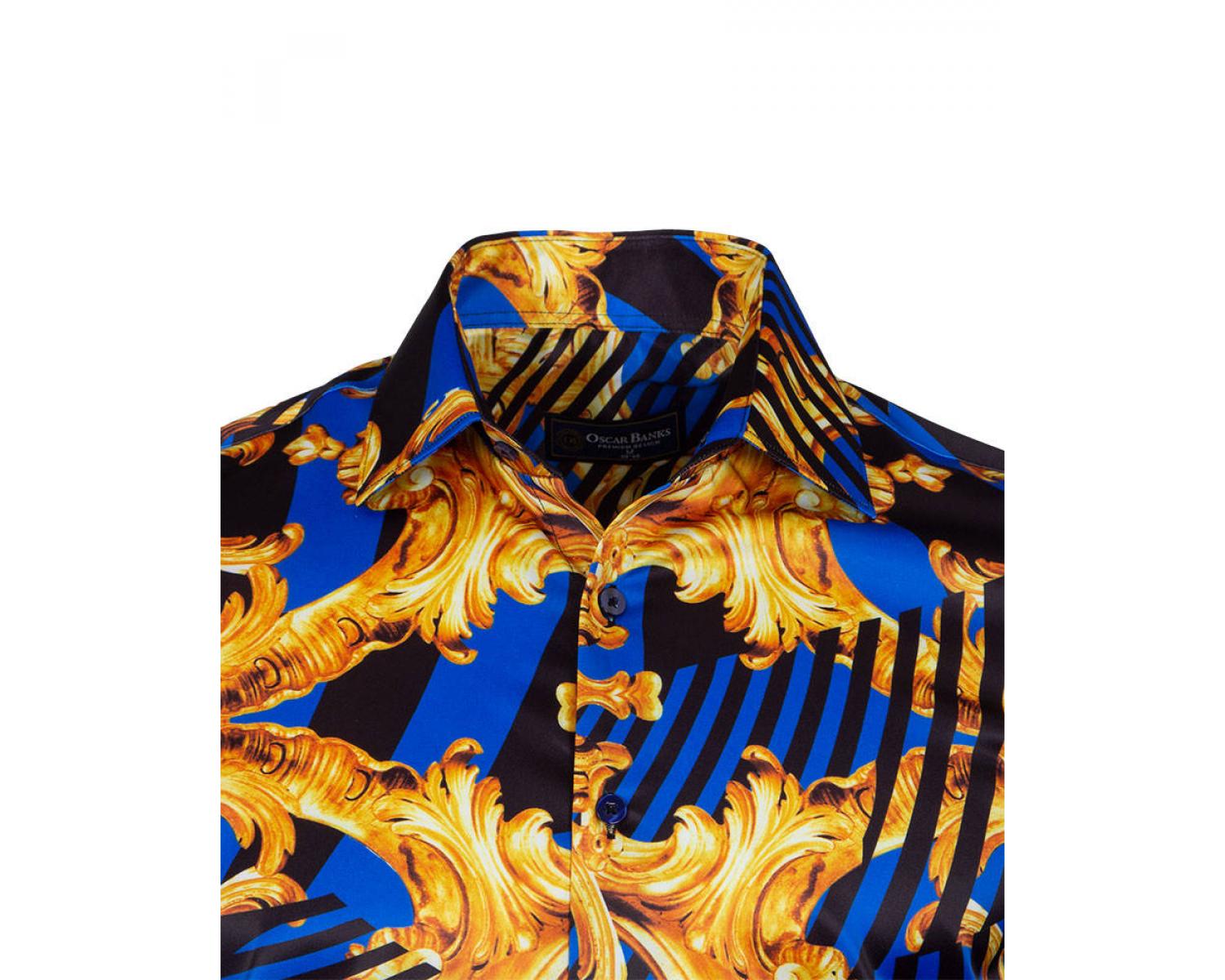 Men's royal blue Barocco print satin long sleeved shirt - Quality ...