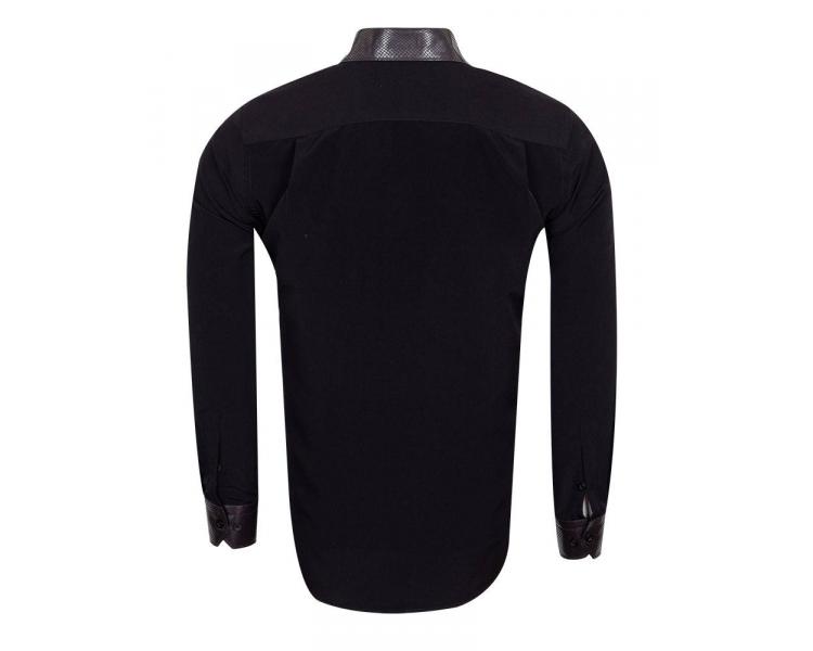 SL 6983 Men's black plain long sleeved shirt with leather details Men's shirts