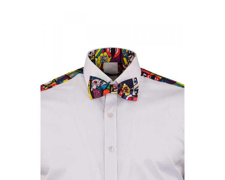 Men's white comic pop art print long sleeved shirt with bow tie Men's shirts