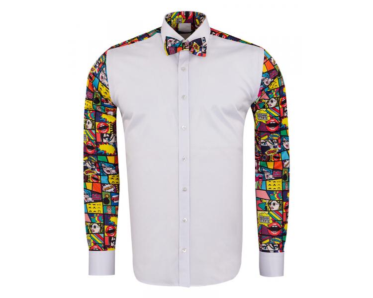 Men's white comic pop art print long sleeved shirt with bow tie Men's shirts