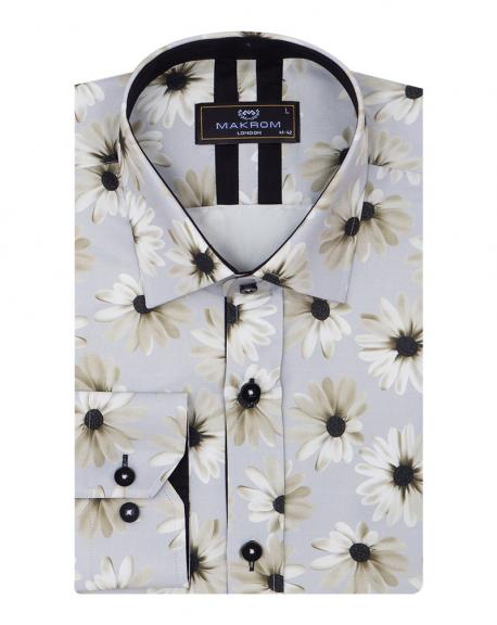 SL 7090 Men's grey floral print long sleeved shirt