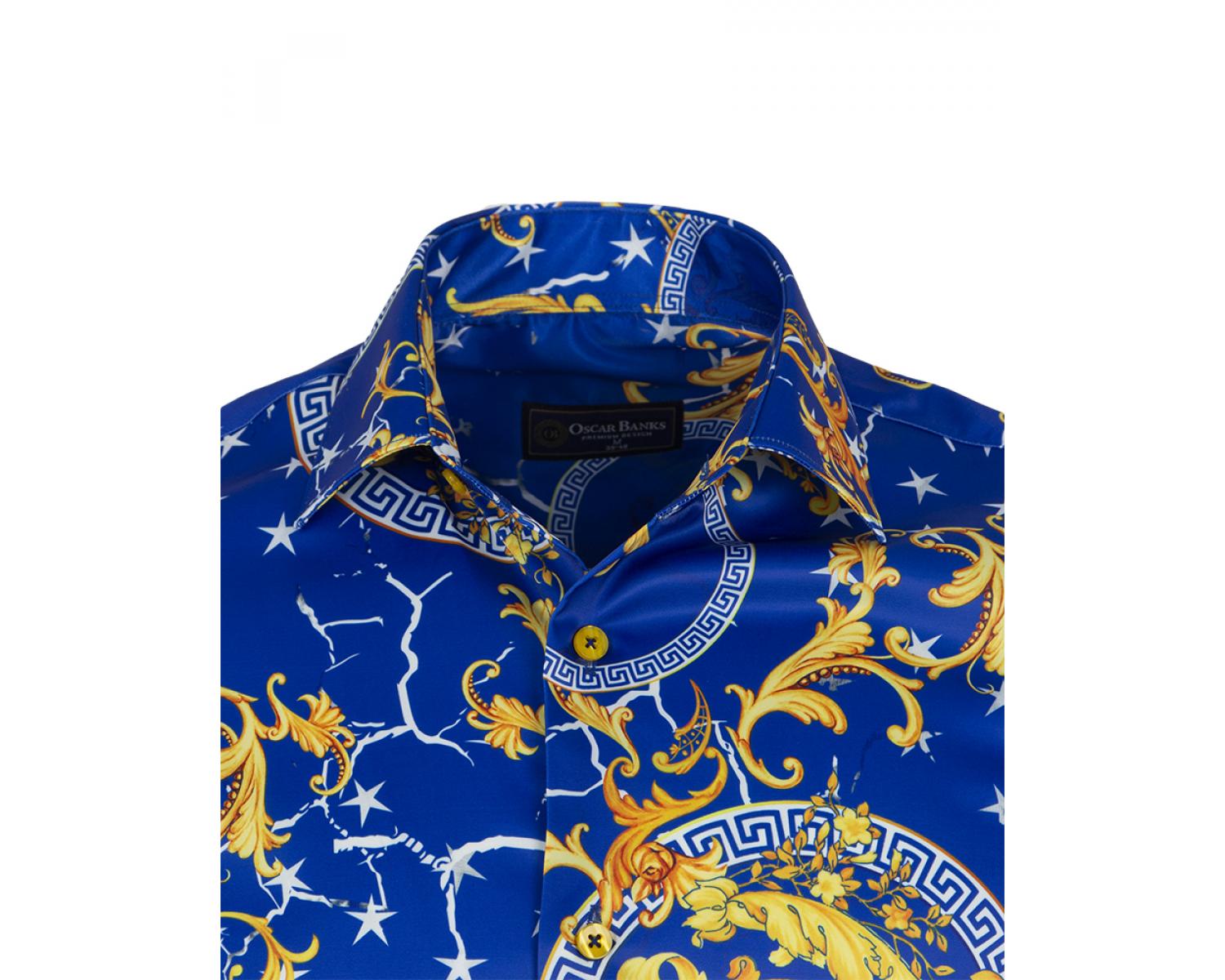 SL 7182 Men's royal blue Baroque print satin shirt - Quality Designed Shirts