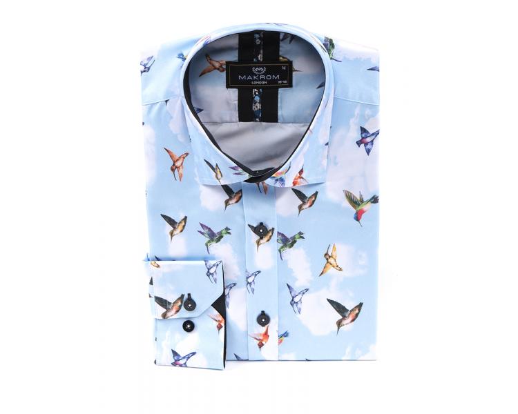 SL 7223 Men's blue bird print long sleeved shirt Men's shirts