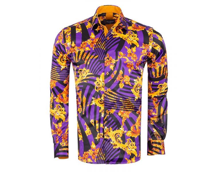 SL 7348 Men's purple & black Barocco print satin long sleeved shirt Men's shirts