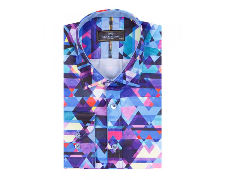 SL 7359 Men's blue retro geometric triangle print long sleeved shirt Men's shirts