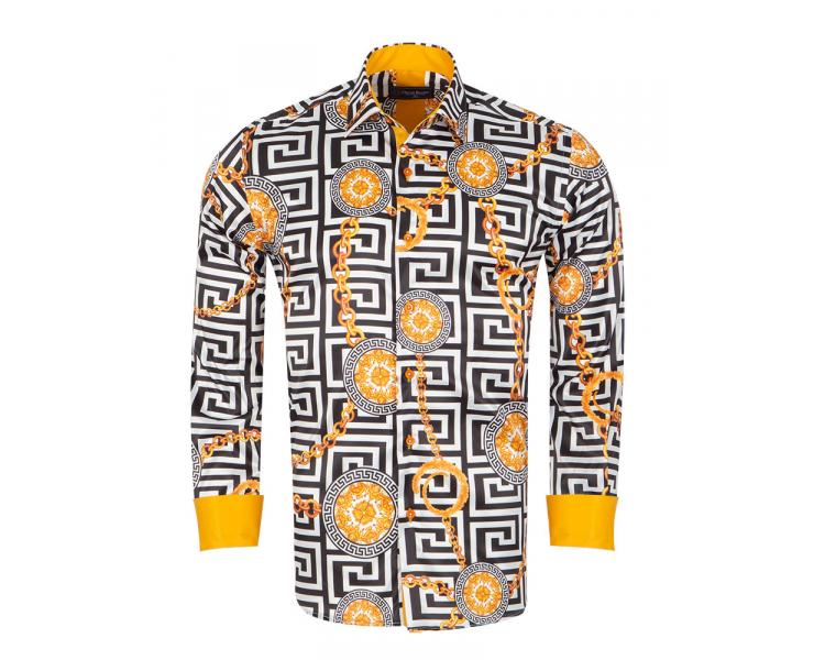 SL 7094 Men's black & gold Versace style print satin long sleeved shirt Men's shirts