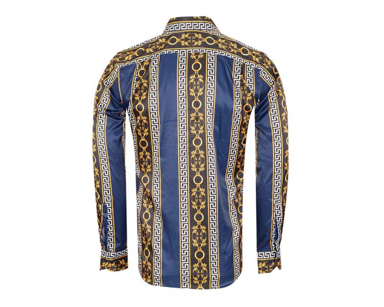 SL 7491 Men's dark blue & black Baroque print satin long sleeved shirt Men's shirts