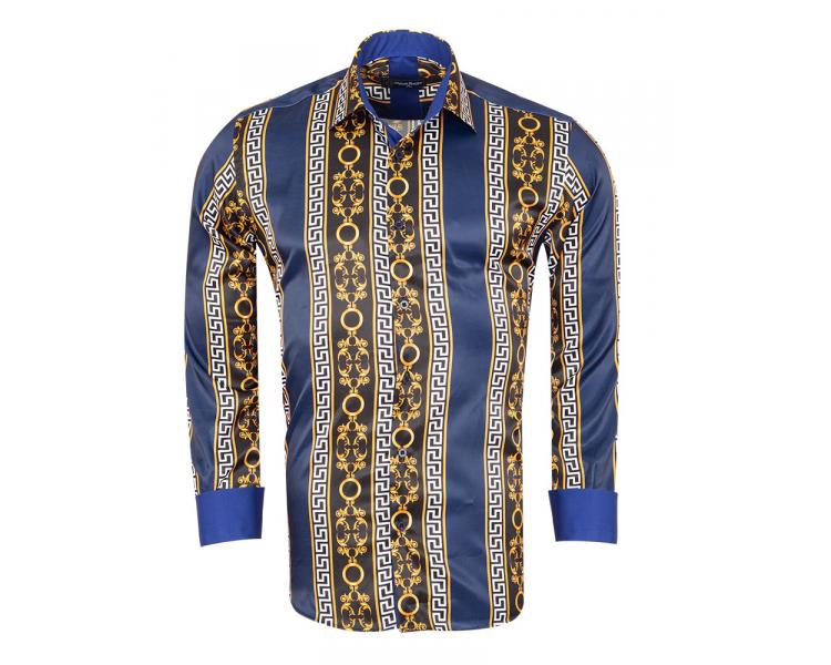 SL 7491 Men's dark blue & black Baroque print satin long sleeved shirt Men's shirts