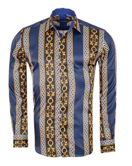 SL 7491 Men's dark blue & black Baroque print satin long sleeved shirt