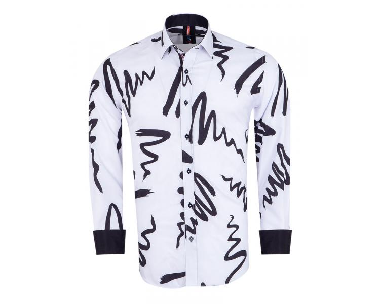 SL 7493 Men's white & black abstract line print long sleeved shirt Men's shirts