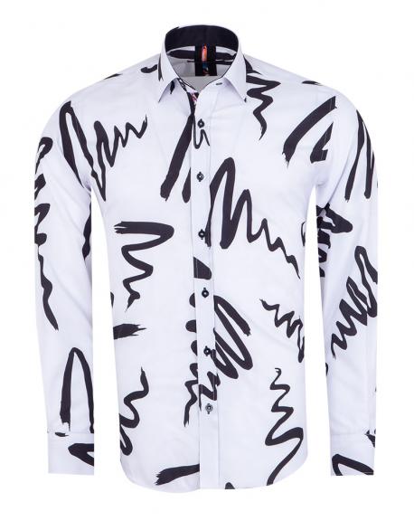 SL 7493 Men's white & black abstract line print long sleeved shirt