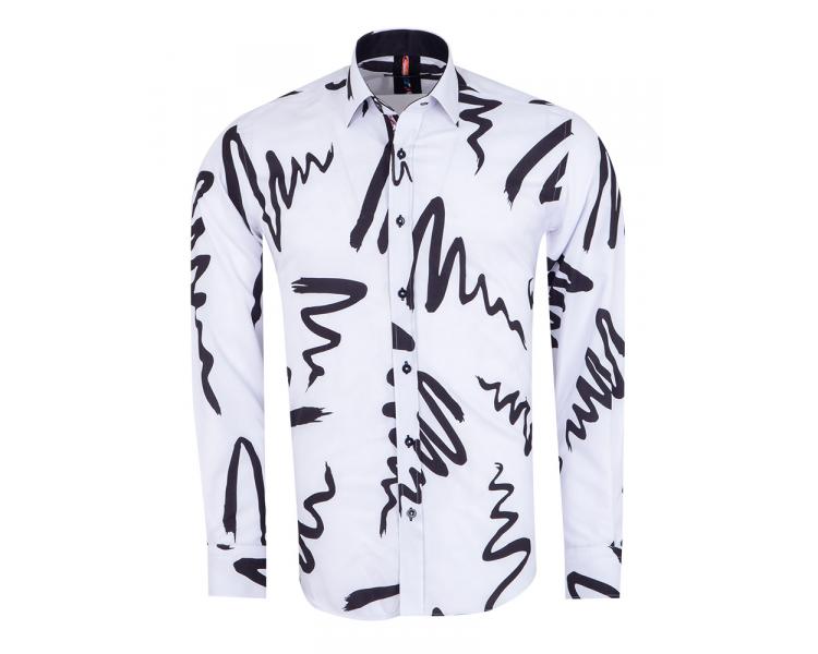 SL 7493 Men's white & black abstract line print long sleeved shirt Men's shirts