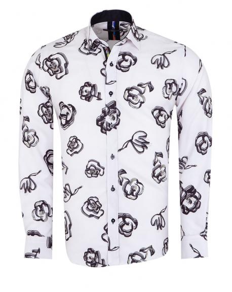 SL 7494 Men's white & black floral print long sleeved shirt