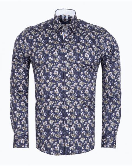SL 7703 Men's dark blue floral print long sleeved pure cotton shirt