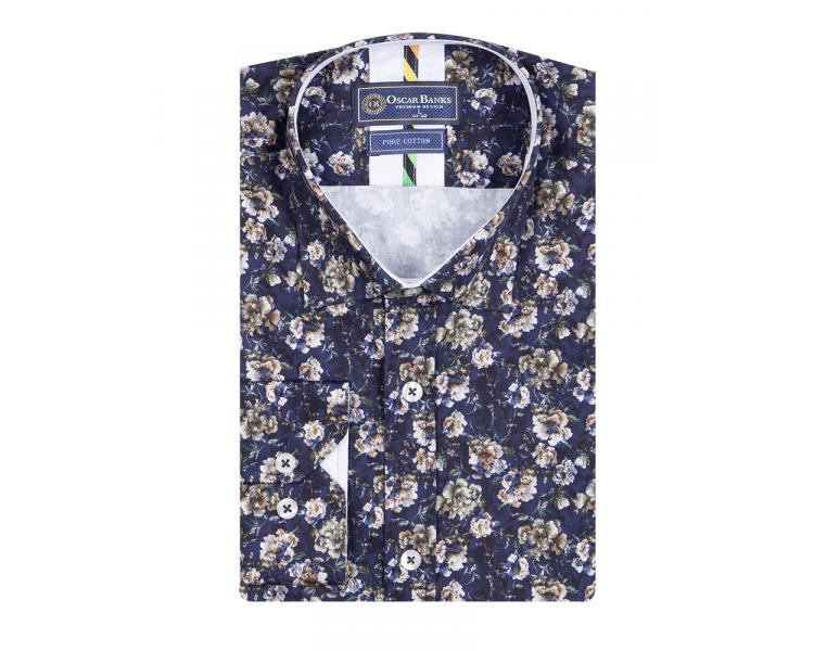 SL 7703 Men's dark blue floral print long sleeved pure cotton shirt Men's shirts