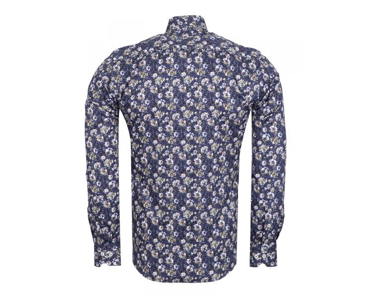 SL 7703 Men's dark blue floral print long sleeved pure cotton shirt Men's shirts