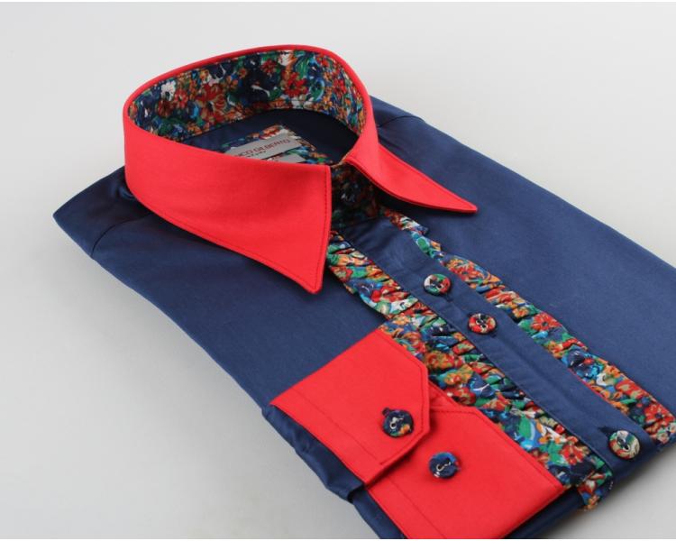 LL 3215 Women's Dark Blue & Red Cotton Shirt With Frill Detail And Pointed Collar Women's shirts
