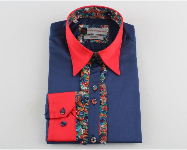 LL 3215 Women's Dark Blue & Red Cotton Shirt With Frill Detail And Pointed Collar Women's shirts