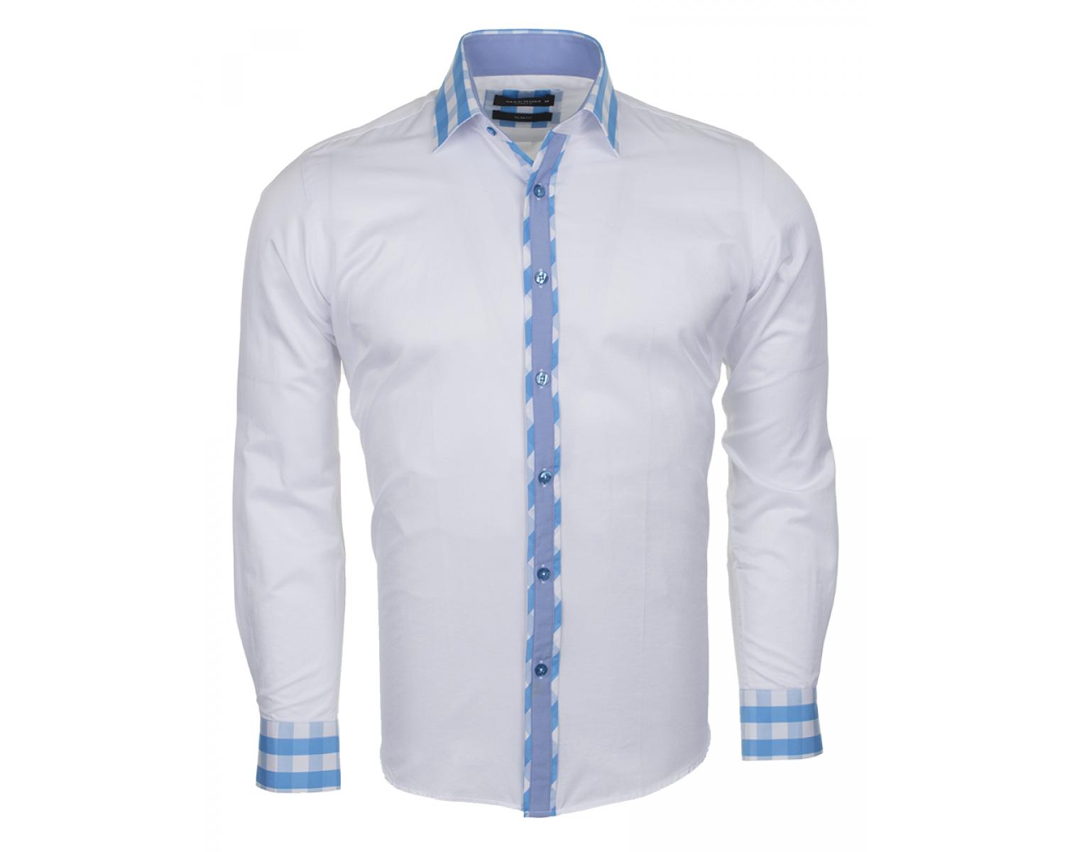 Синяя рубашка с белым воротником и манжетами