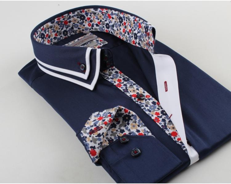 SL 5357 Men's dark blue double collar flower trim long sleeved shirt