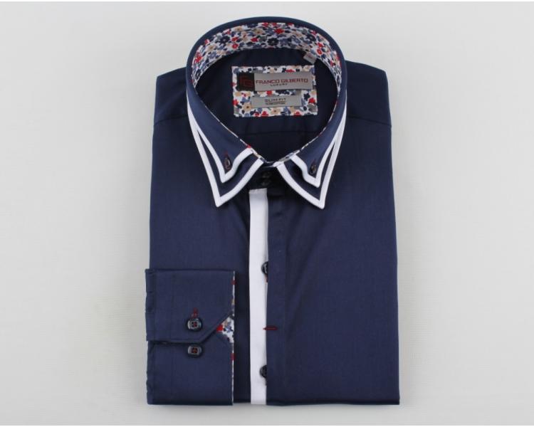 SL 5357 Men's dark blue double collar flower trim long sleeved shirt