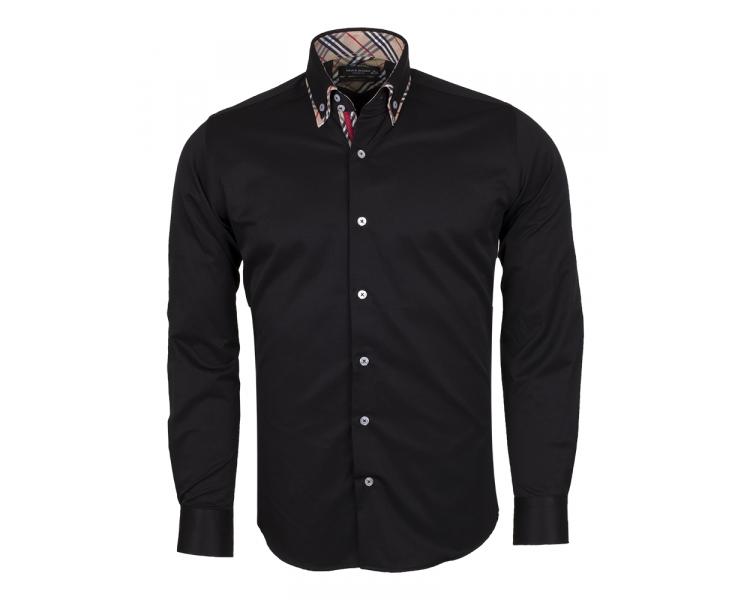 SL 5846 Черная рубашка с двойным воротником и вставками в клетку Мужские рубашки
