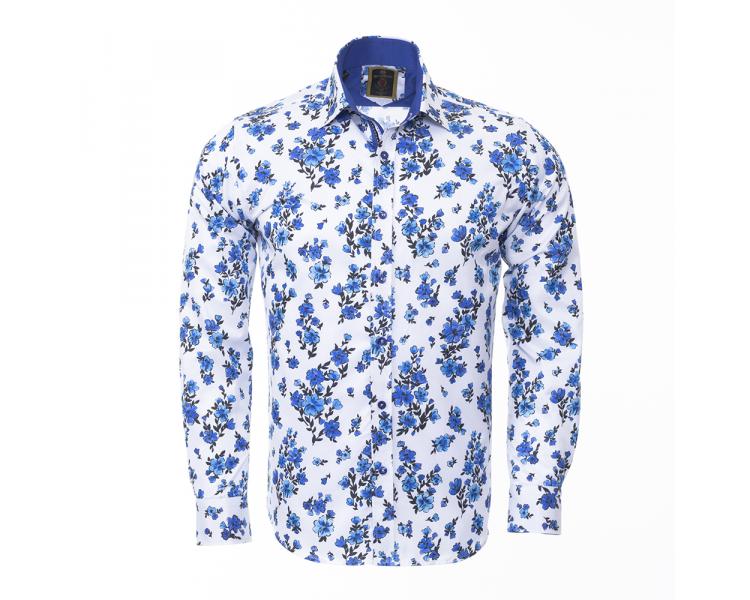 SL 6403 Белая рубашка с синим цветочным принтом Мужские рубашки