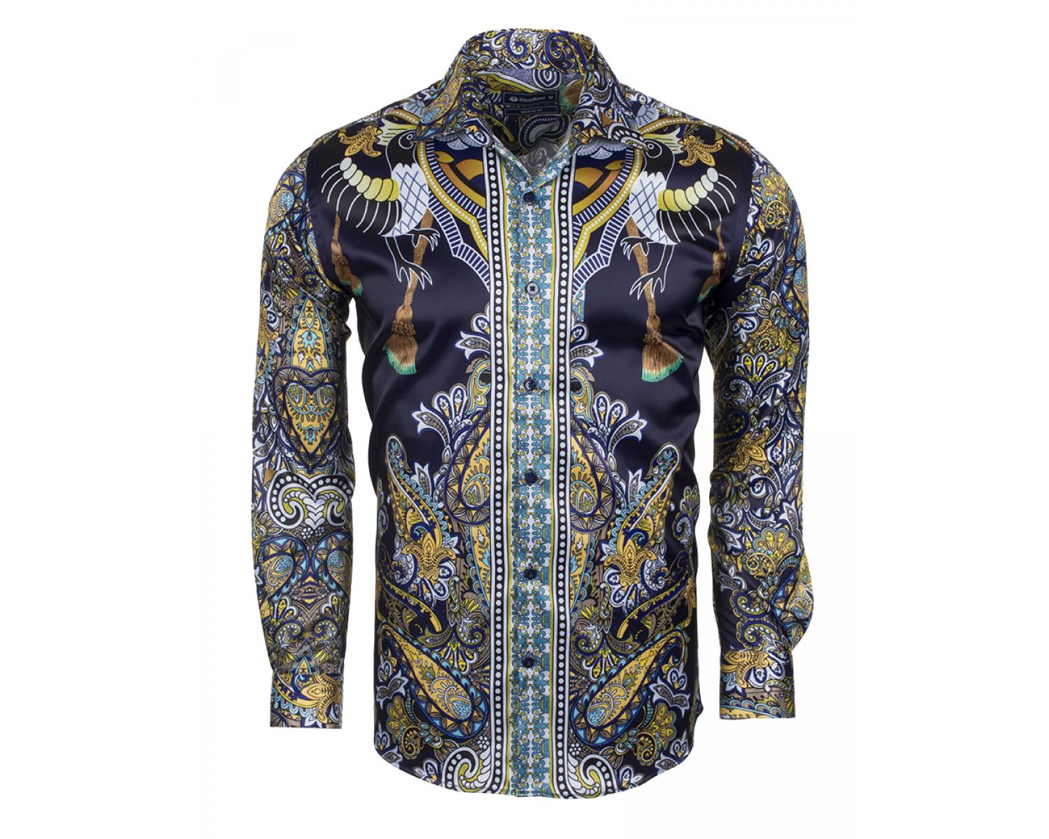 SL 6431 Men's multi color Indigo Phoenix bird print satin shirt ...