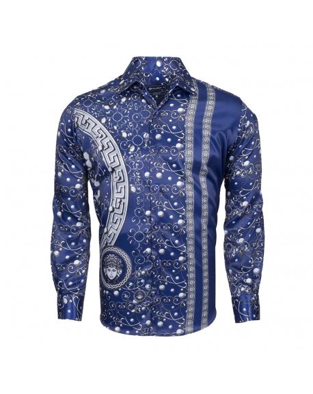 SL 6512 Men's dark blue signature print satin shirt