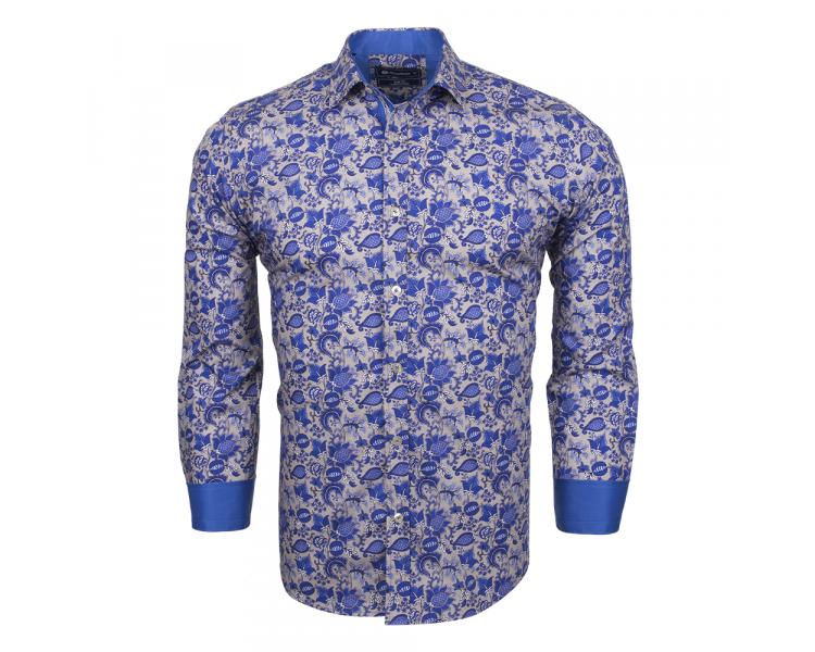 SL 6530 Men's oriental white & blue floral print cotton shirt Men's shirts