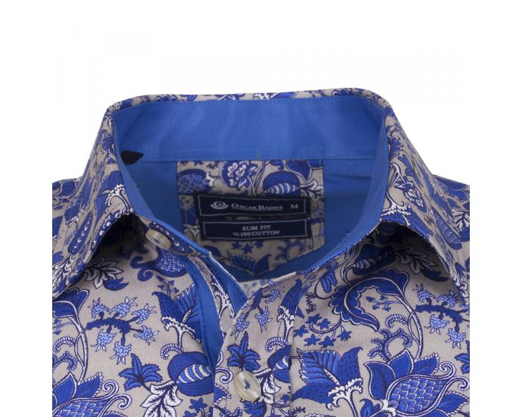 SL 6530 Men's oriental white & blue floral print cotton shirt Men's shirts