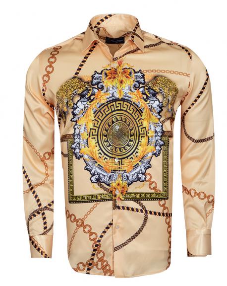 SL 6750 Men's beige chain & animal print long sleeved satin shirt