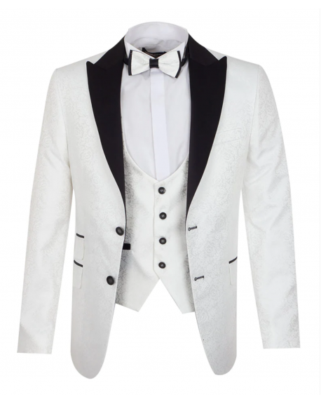 J 411 Men's white paisley & floral print blazer with waistcoat