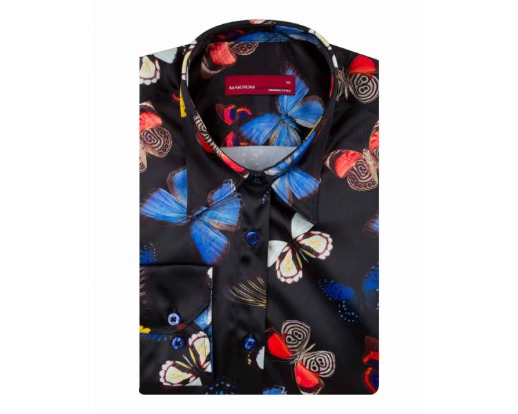 LL 3257 Women's black & multi color butterfly print satin shirts