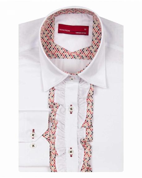 LL 3298 Women's white & dot print long sleeved shirt with frill on placket